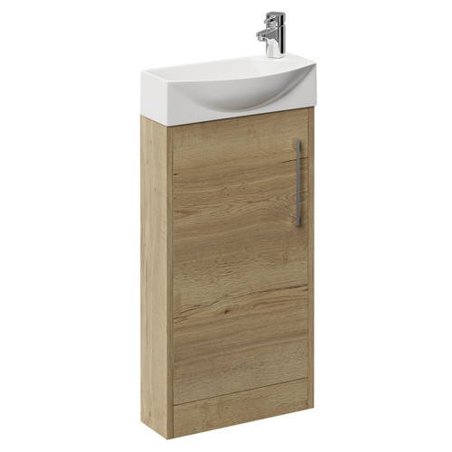 Horizon Autumn Oak 440mm Floor Standing Vanity Unit with 1 Tap Hole Left Hand Basin and Single Door with Polished Chrome Handle Left Hand View