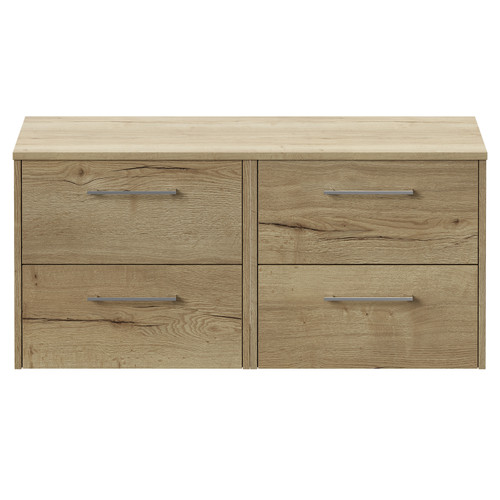 Horizon Autumn Oak 1200mm Wall Mounted Vanity Unit for Countertop Basins with 4 Drawers and Polished Chrome Handles Front View