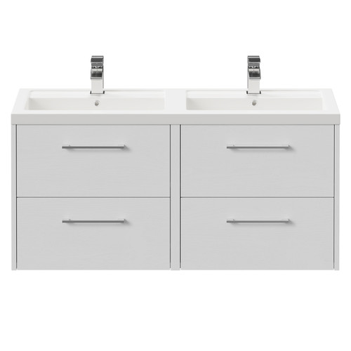 Horizon White Ash 1200mm Wall Mounted Vanity Unit with Polymarble Double Basin and 4 Drawers with Polished Chrome Handles View from Front