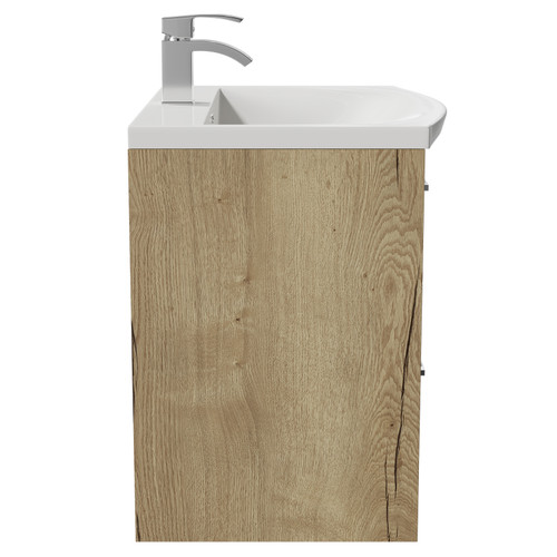 Horizon Autumn Oak 600mm Wall Mounted Vanity Unit with 1 Tap Hole Curved Basin and 2 Drawers with Polished Chrome Handles View from Side