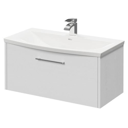Horizon White Ash 800mm Wall Mounted Vanity Unit with 1 Tap Hole Curved Basin and Single Drawer with Polished Chrome Handle Right Hand View