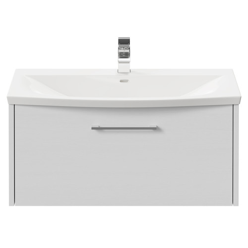 Horizon White Ash 800mm Wall Mounted Vanity Unit with 1 Tap Hole Curved Basin and Single Drawer with Polished Chrome Handle View from Front