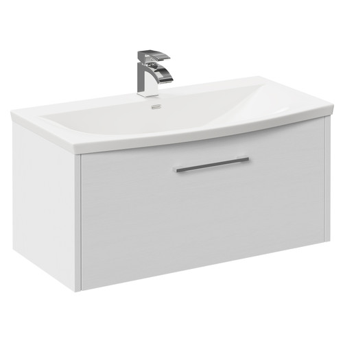 Horizon White Ash 800mm Wall Mounted Vanity Unit with 1 Tap Hole Curved Basin and Single Drawer with Polished Chrome Handle Left Hand View