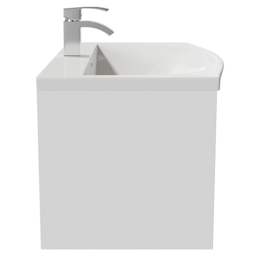 Horizon White Ash 800mm Wall Mounted Vanity Unit with 1 Tap Hole Curved Basin and Single Drawer with Polished Chrome Handle View from Side