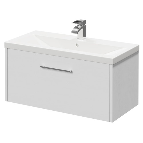 Horizon White Ash 800mm Wall Mounted Vanity Unit with 1 Tap Hole Basin and Single Drawer with Polished Chrome Handle Right Hand View