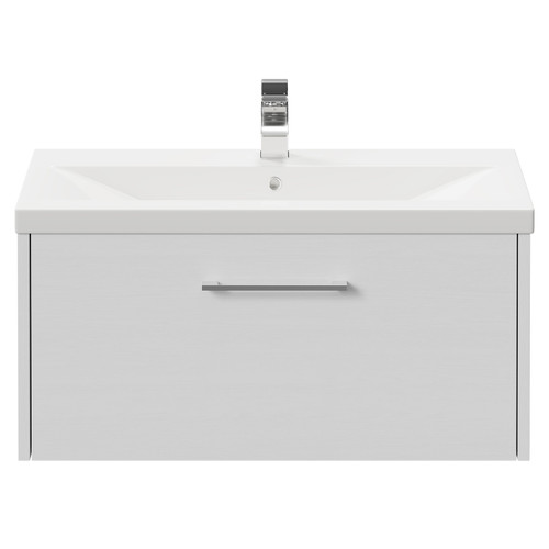 Horizon White Ash 800mm Wall Mounted Vanity Unit with 1 Tap Hole Basin and Single Drawer with Polished Chrome Handle View from Front