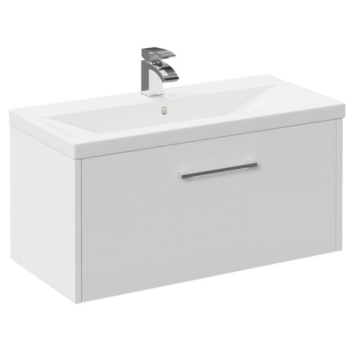 Horizon White Ash 800mm Wall Mounted Vanity Unit with 1 Tap Hole Basin and Single Drawer with Polished Chrome Handle Left Hand View