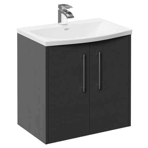 Horizon Graphite Grey 600mm Wall Mounted Vanity Unit with 1 Tap Hole Curved Basin and 2 Doors with Polished Chrome Handles Left Hand View