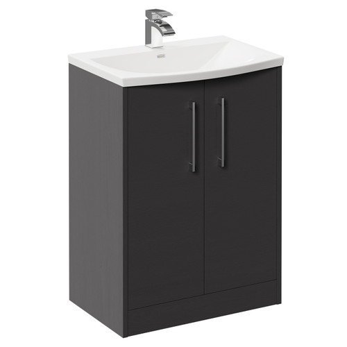 Horizon Graphite Grey 600mm Floor Standing Vanity Unit with 1 Tap Hole Curved Basin and 2 Doors with Polished Chrome Handles Left Hand View