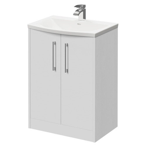 Horizon White Ash 600mm Floor Standing Vanity Unit with 1 Tap Hole Curved Basin and 2 Doors with Polished Chrome Handles Right Hand View