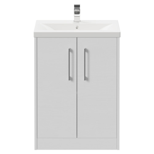 Horizon White Ash 600mm Floor Standing Vanity Unit with 1 Tap Hole Basin and 2 Doors with Polished Chrome Handles Front View