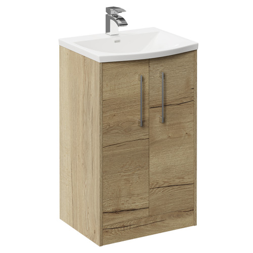 Horizon Autumn Oak 500mm Floor Standing Vanity Unit with 1 Tap Hole Curved Basin and 2 Doors with Polished Chrome Handles Left Hand View