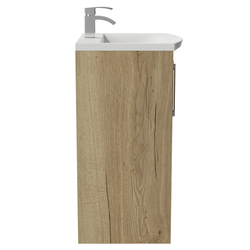 Horizon Autumn Oak 500mm Floor Standing Vanity Unit with 1 Tap Hole Curved Basin and 2 Doors with Polished Chrome Handles View from Side