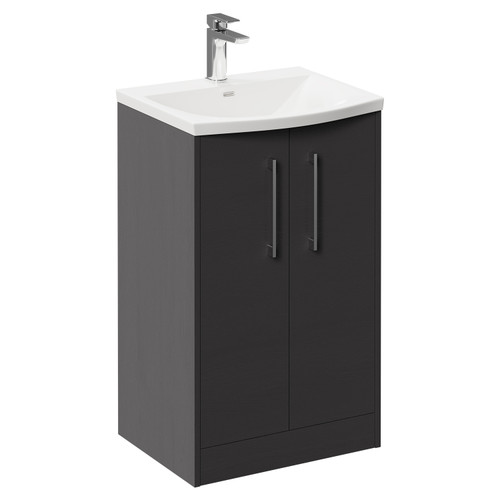 Horizon Graphite Grey 500mm Floor Standing Vanity Unit with 1 Tap Hole Curved Basin and 2 Doors with Polished Chrome Handles Left Hand View