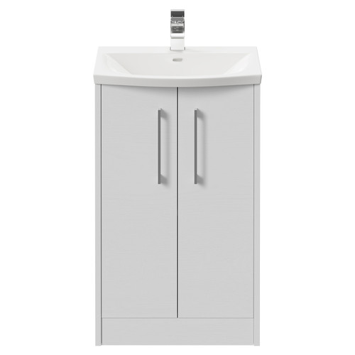 Horizon White Ash 500mm Floor Standing Vanity Unit with 1 Tap Hole Curved Basin and 2 Doors with Polished Chrome Handles View from Front