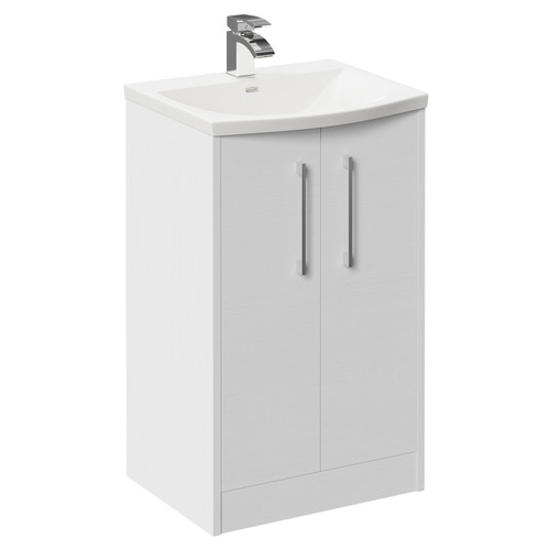 Horizon White Ash 500mm Floor Standing Vanity Unit with 1 Tap Hole Curved Basin and 2 Doors with Polished Chrome Handles Left Hand View