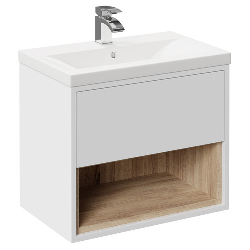 Tidal Gloss White 600mm Wall Mounted Vanity Unit with 1 Tap Hole Basin featuring Single Drawer and Natural Oak Open Shelf Left Hand View