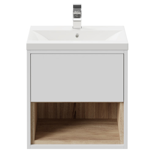 Tidal Gloss White 500mm Wall Mounted Vanity Unit with 1 Tap Hole Basin featuring Single Drawer and Natural Oak Open Shelf Front View