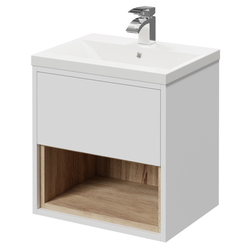 Tidal Gloss White 500mm Wall Mounted Vanity Unit with 1 Tap Hole Basin featuring Single Drawer and Natural Oak Open Shelf Right Hand View