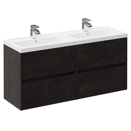 Montego Metallic Slate 1200mm Wall Mounted Vanity Unit with Polymarble Double Basin and 4 Drawers Left Hand View