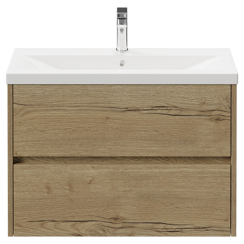 Montego Autumn Oak 800mm Wall Mounted Vanity Unit with 1 Tap Hole Basin and 2 Drawers View from Front