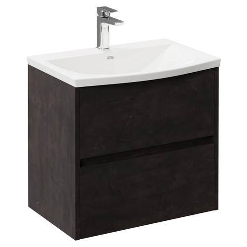 Montego Metallic Slate 600mm Wall Mounted Vanity Unit with 1 Tap Hole Curved Basin and 2 Drawers Left Hand View