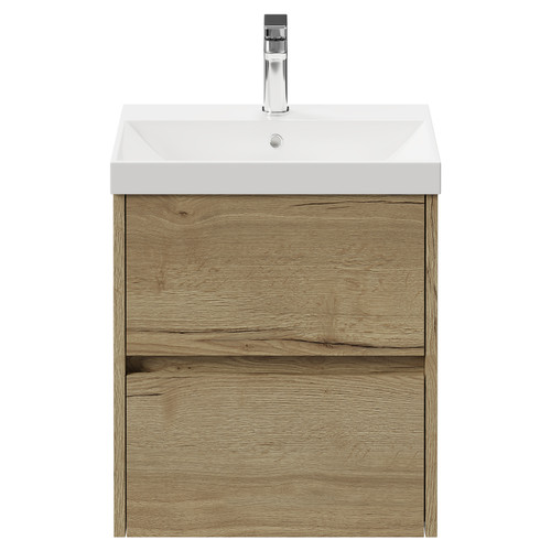 Montego Autumn Oak 500mm Wall Mounted Vanity Unit with 1 Tap Hole Slim Edge Basin and 2 Drawers Front View