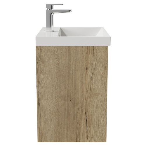 Montego Autumn Oak 500mm Wall Mounted Vanity Unit with 1 Tap Hole Slim Edge Basin and 2 Drawers Side View