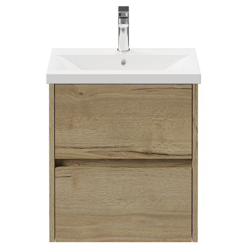 Montego Autumn Oak 500mm Wall Mounted Vanity Unit with 1 Tap Hole Basin and 2 Drawers View from Front