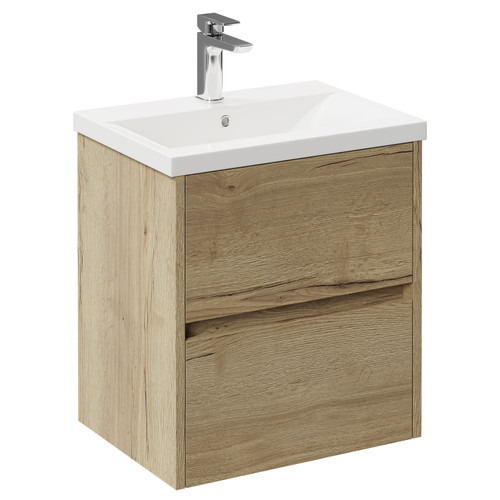 Montego Autumn Oak 500mm Wall Mounted Vanity Unit with 1 Tap Hole Basin and 2 Drawers Left Hand View