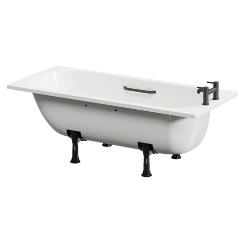 Cassia 1600mm x 700mm Anti Slip Straight Single Ended Steel Bath with Matt Black Grips and 2 Tap Holes including Legs Right Hand View