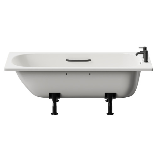 Cassia 1600mm x 700mm Anti Slip Straight Single Ended Steel Bath with Matt Black Grips and 2 Tap Holes including Legs Front View