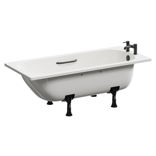 Cassia 1600mm x 700mm Anti Slip Straight Single Ended Steel Bath with Matt Black Grips and 2 Tap Holes including Legs Left Hand View