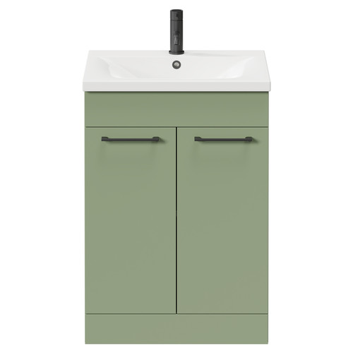 Napoli Olive Green 600mm Floor Standing Vanity Unit with 1 Tap Hole Basin and 2 Doors with Matt Black Handles Front View