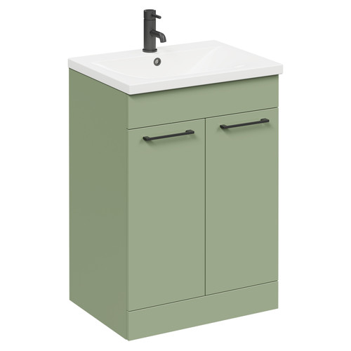Napoli Olive Green 600mm Floor Standing Vanity Unit with 1 Tap Hole Basin and 2 Doors with Matt Black Handles Left Hand View