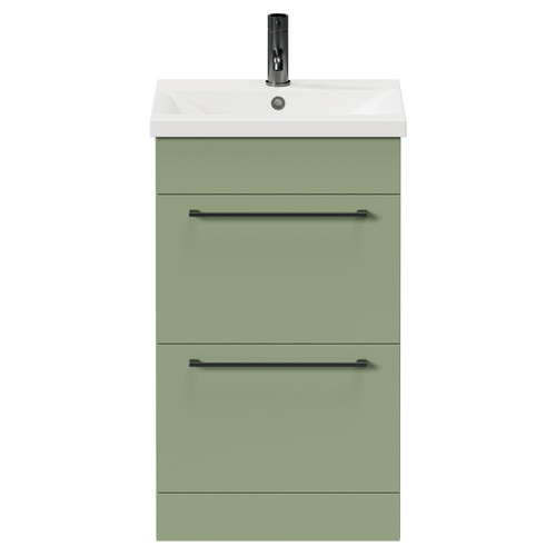 Napoli Olive Green 500mm Floor Standing Vanity Unit with 1 Tap Hole Basin and 2 Drawers with Gunmetal Grey Handles Front View