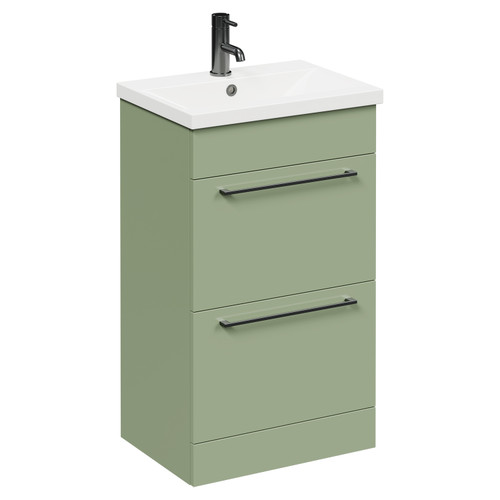 Napoli Olive Green 500mm Floor Standing Vanity Unit with 1 Tap Hole Basin and 2 Drawers with Gunmetal Grey Handles Left Hand View