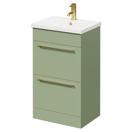 Napoli Olive Green 500mm Floor Standing Vanity Unit with 1 Tap Hole Basin and 2 Drawers with Brushed Brass Handles Right Hand View