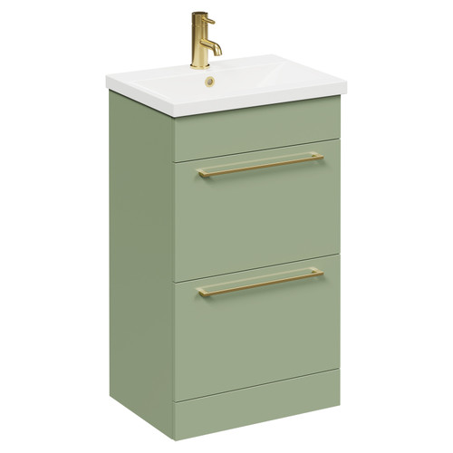 Napoli Olive Green 500mm Floor Standing Vanity Unit with 1 Tap Hole Basin and 2 Drawers with Brushed Brass Handles Left Hand View