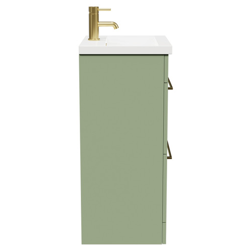 Napoli Olive Green 500mm Floor Standing Vanity Unit with 1 Tap Hole Basin and 2 Drawers with Brushed Brass Handles Side View