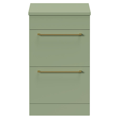 Napoli Olive Green 500mm Floor Standing Vanity Unit for Countertop Basins with 2 Drawers and Brushed Brass Handles Front View