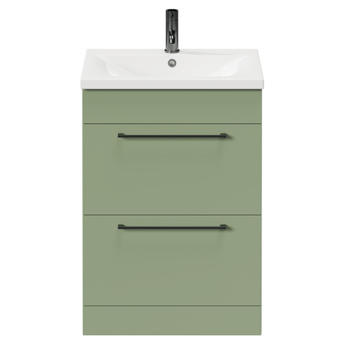 Napoli Olive Green 600mm Floor Standing Vanity Unit with 1 Tap Hole Basin and 2 Drawers with Gunmetal Grey Handles Front View