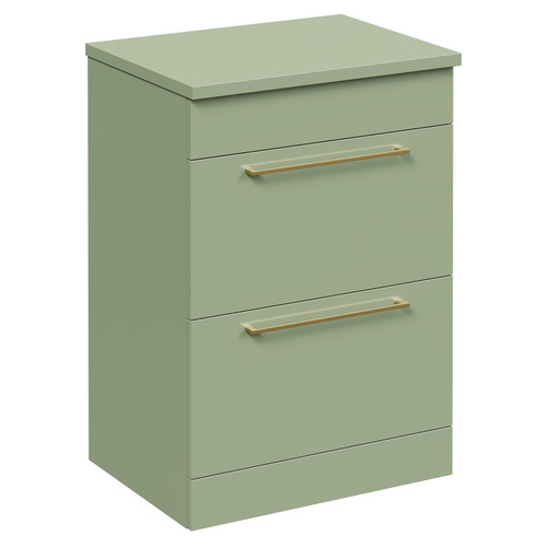 Napoli Olive Green 600mm Floor Standing Vanity Unit for Countertop Basins with 2 Drawers and Brushed Brass Handles Left Hand View