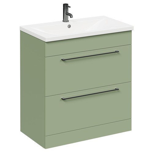 Napoli Olive Green 800mm Floor Standing Vanity Unit with 1 Tap Hole Basin and 2 Drawers with Gunmetal Grey Handles Left Hand View