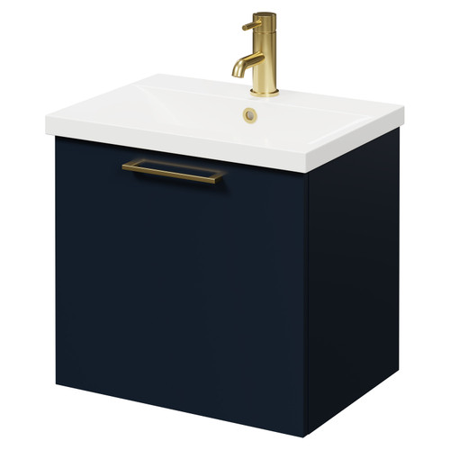 Napoli Deep Blue 500mm Wall Mounted Vanity Unit with 1 Tap Hole Basin and Single Drawer with Brushed Brass Handle Right Hand View