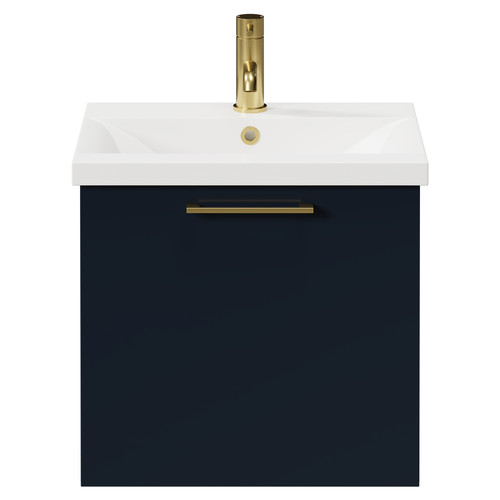 Napoli Deep Blue 500mm Wall Mounted Vanity Unit with 1 Tap Hole Basin and Single Drawer with Brushed Brass Handle Front View
