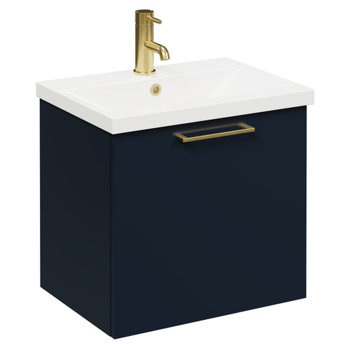 Napoli Deep Blue 500mm Wall Mounted Vanity Unit with 1 Tap Hole Basin and Single Drawer with Brushed Brass Handle Left Hand View