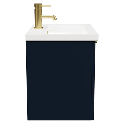 Napoli Deep Blue 500mm Wall Mounted Vanity Unit with 1 Tap Hole Basin and Single Drawer with Brushed Brass Handle Side View
