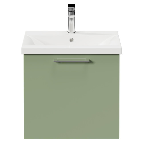 Napoli Olive Green 500mm Wall Mounted Vanity Unit with 1 Tap Hole Basin and Single Drawer with Polished Chrome Handle Front View