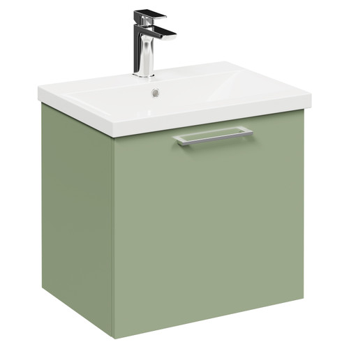 Napoli Olive Green 500mm Wall Mounted Vanity Unit with 1 Tap Hole Basin and Single Drawer with Polished Chrome Handle Left Hand View